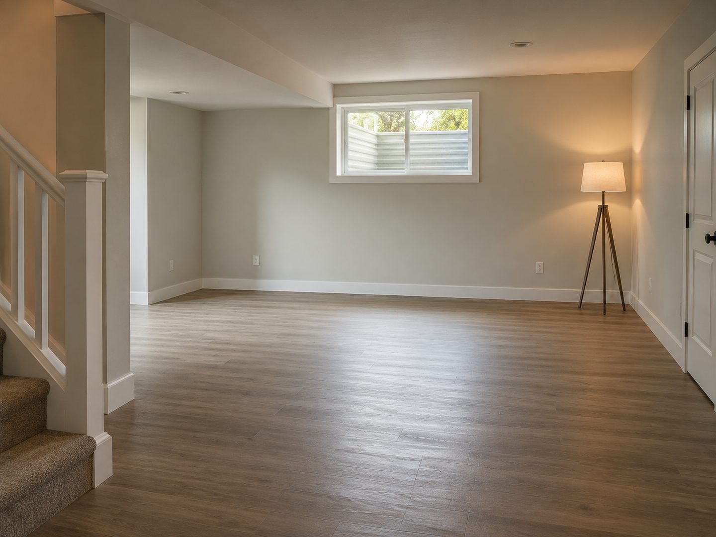 A finished basement room with framed and painted walls.
