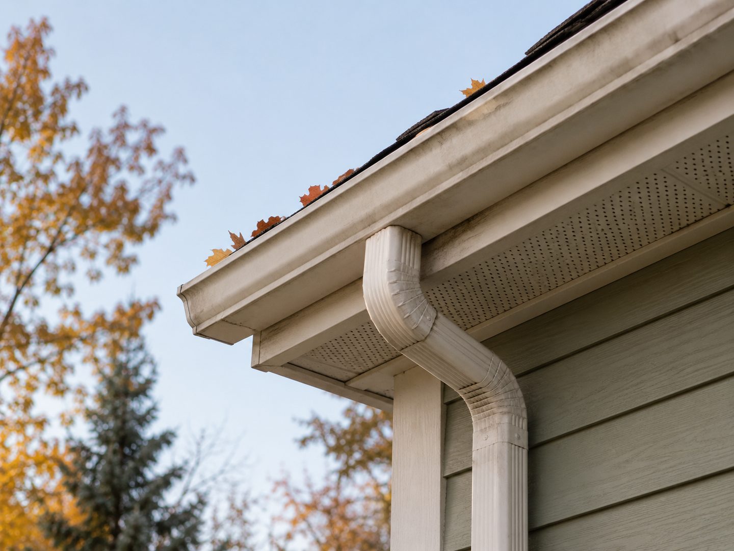 A gutter and downspout where they meet the roofline of a house.