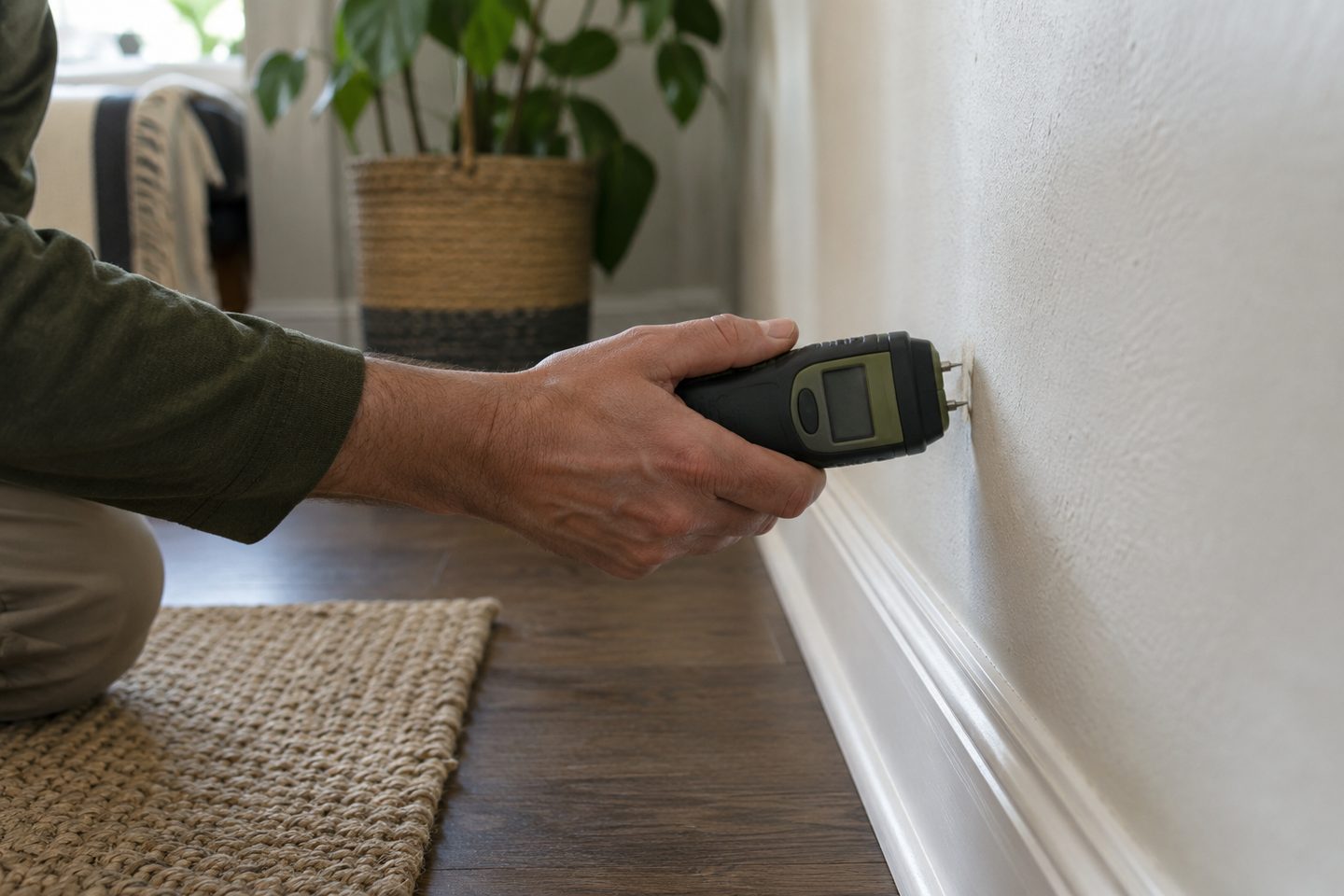 A moisture meter held against the base of an interior wall.